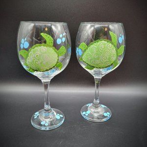 Hand Painted Wine Glass Pair Sea Turtles OOAK 8" Barware Nautical Ocean